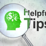 Education concept: Head With Finance Symbol and Helpful Tips with optical glass